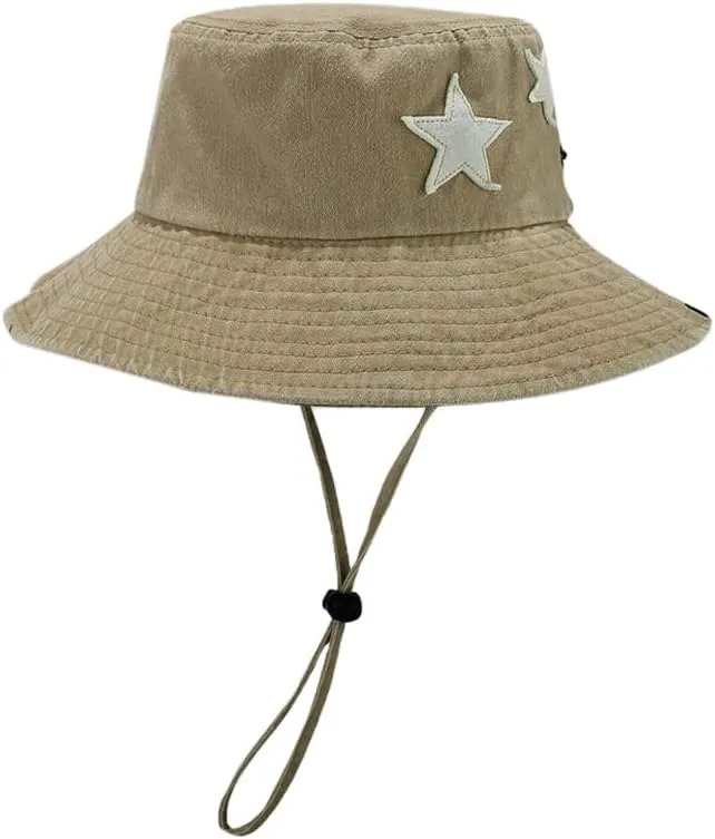 Unisex Cotton Boonie Hat Summer Outdoor Packable Stars Fishing Bucket Hat Beach Sun Hat with String for Women Men