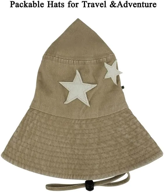 Unisex Cotton Boonie Hat Summer Outdoor Packable Stars Fishing Bucket Hat Beach Sun Hat with String for Women Men