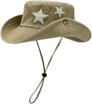 Unisex Cotton Boonie Hat Summer Outdoor Packable Stars Fishing Bucket Hat Beach Sun Hat with String for Women Men