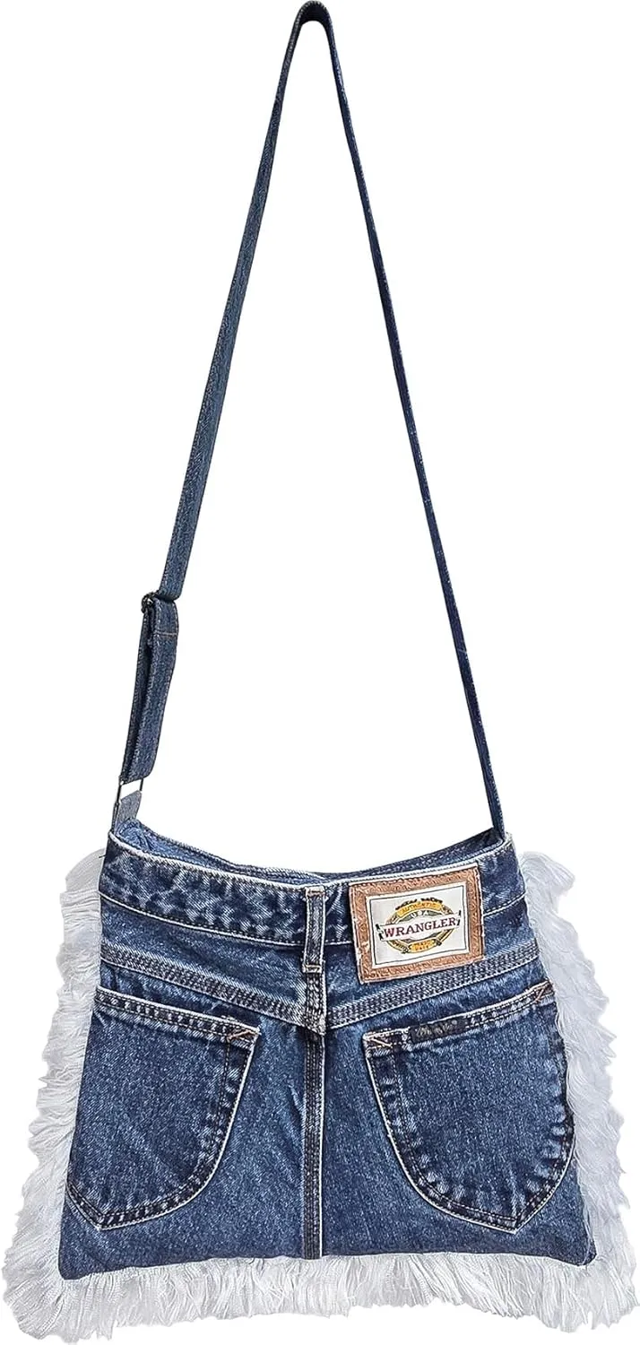 Upcycled Blue Denim Medium Trapezoid Flat Crossbody Bag Fringe Trim Vintage Style Jean Purse with Adjustable Strap