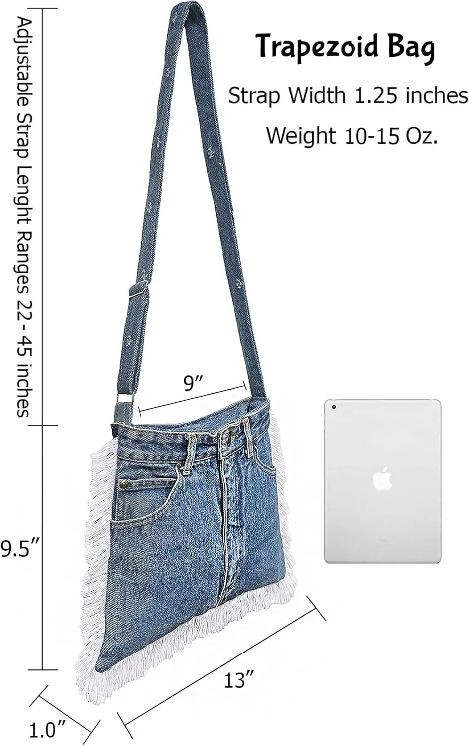 Upcycled Blue Denim Medium Trapezoid Flat Crossbody Bag Fringe Trim Vintage Style Jean Purse with Adjustable Strap