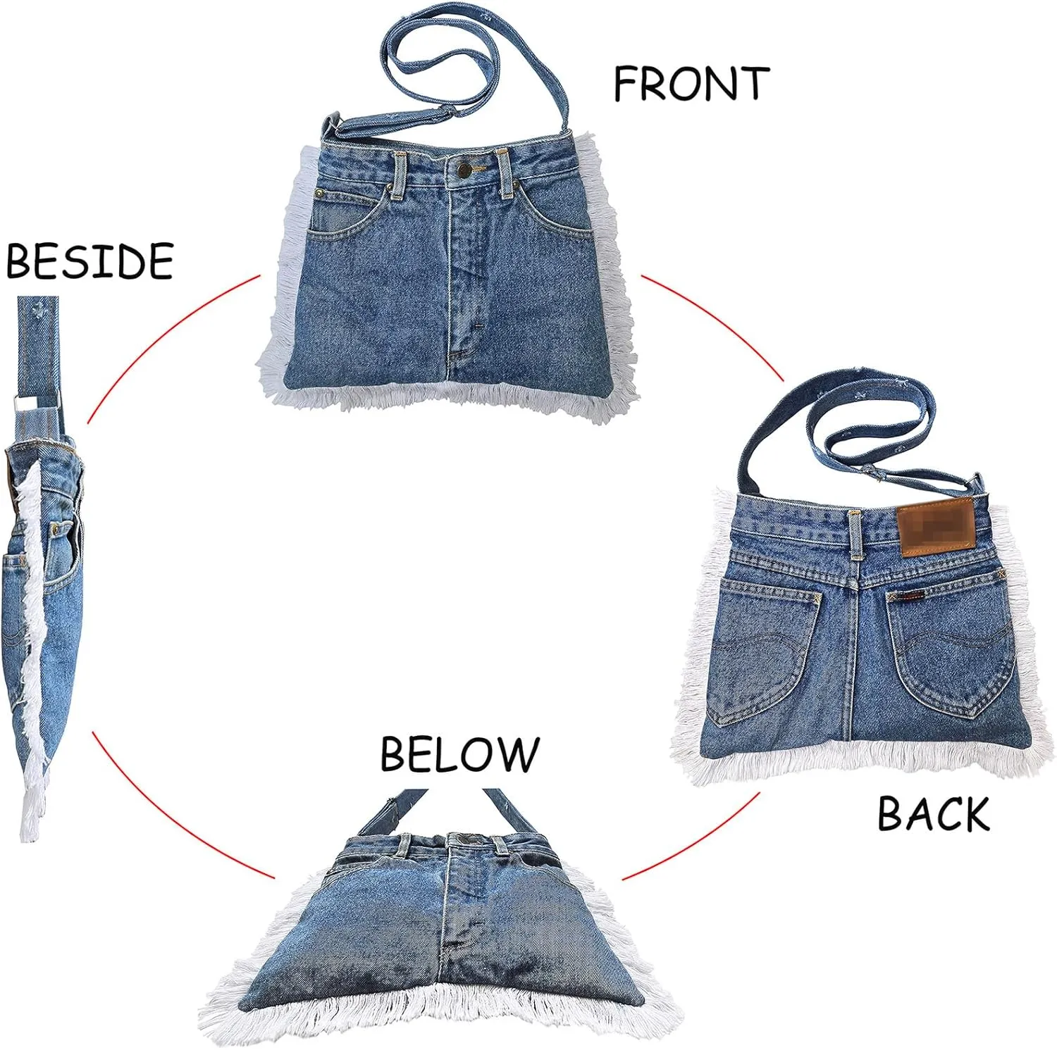Upcycled Blue Denim Medium Trapezoid Flat Crossbody Bag Fringe Trim Vintage Style Jean Purse with Adjustable Strap