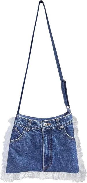 Upcycled Blue Denim Medium Trapezoid Flat Crossbody Bag Fringe Trim Vintage Style Jean Purse with Adjustable Strap