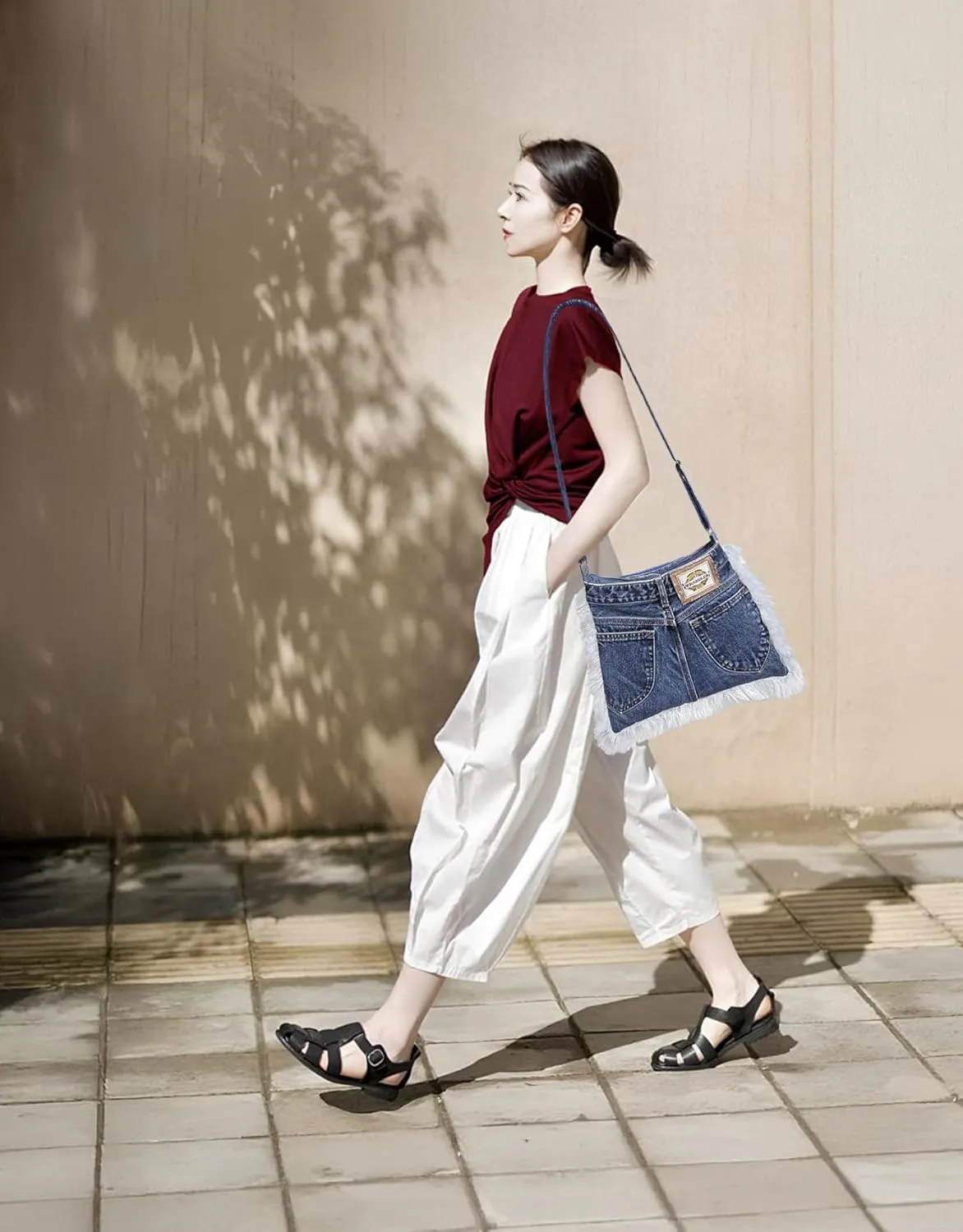 Upcycled Blue Denim Medium Trapezoid Flat Crossbody Bag Fringe Trim Vintage Style Jean Purse with Adjustable Strap