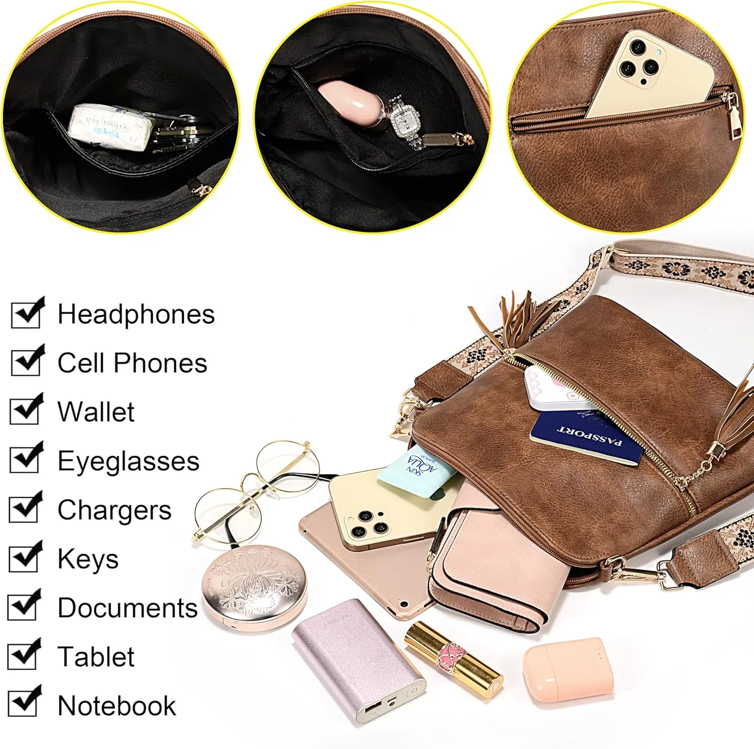 Uromee Crossbody Bags for Women Trendy Vegan Leather Multi Pocket Tassel Ladies Shoulder Handbag Purse Adjustable Strap