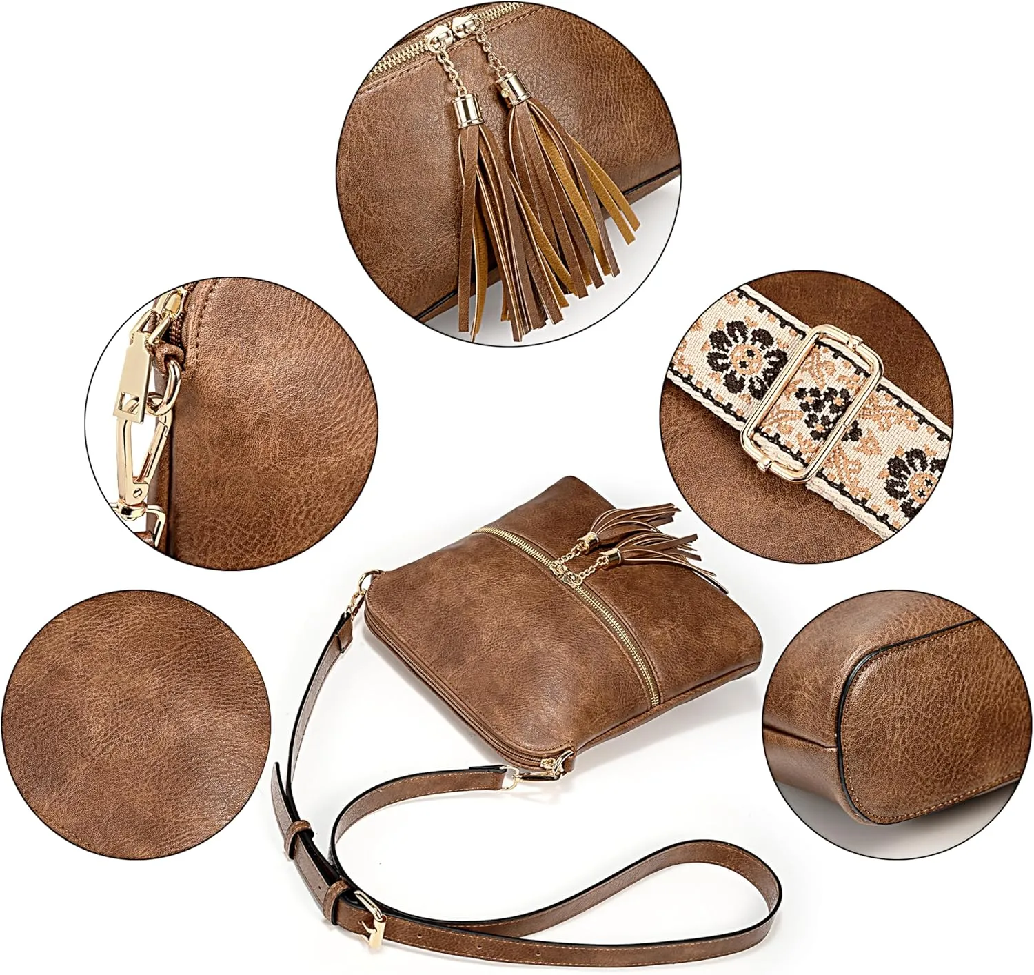 Uromee Crossbody Bags for Women Trendy Vegan Leather Multi Pocket Tassel Ladies Shoulder Handbag Purse Adjustable Strap