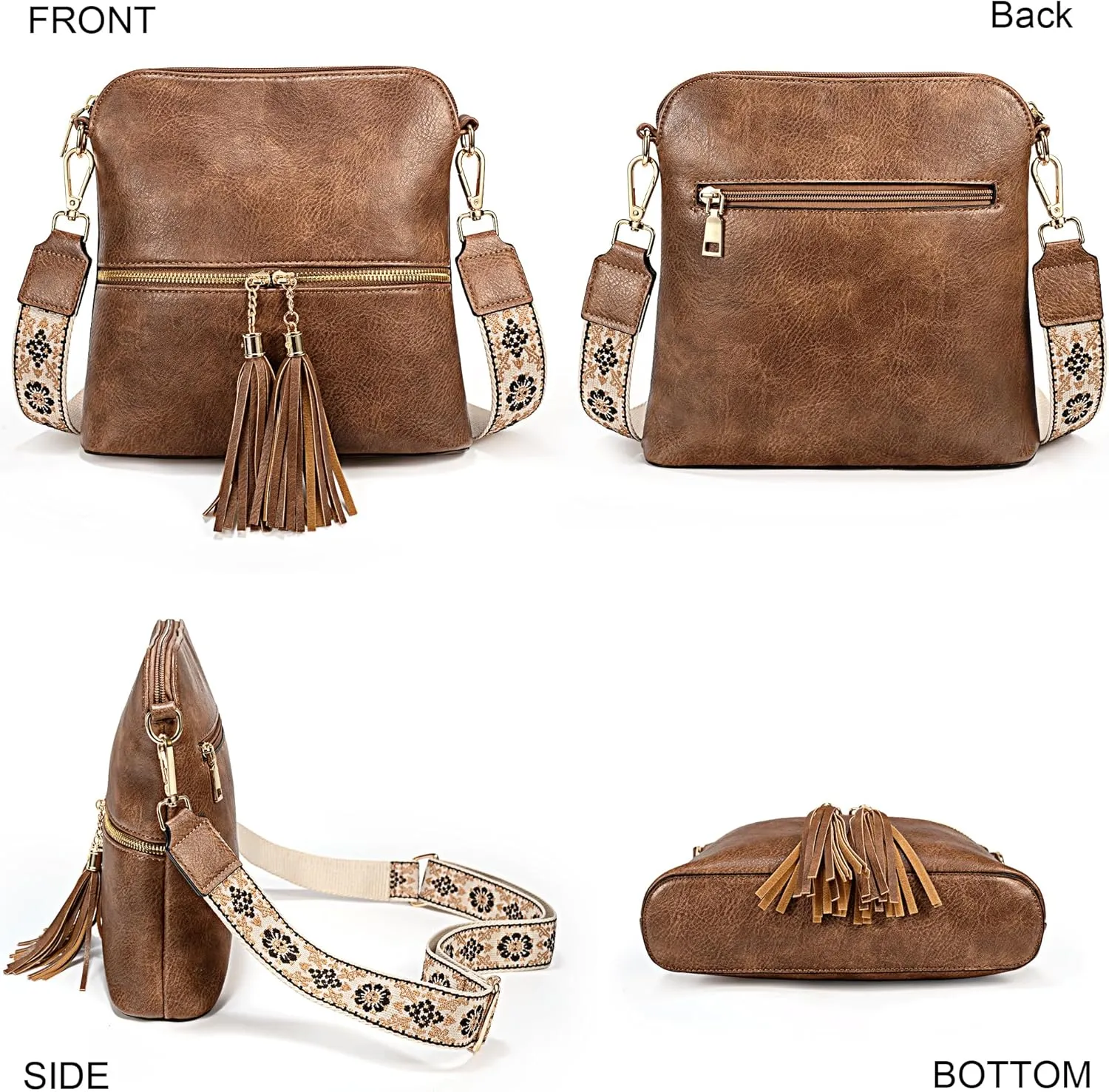 Uromee Crossbody Bags for Women Trendy Vegan Leather Multi Pocket Tassel Ladies Shoulder Handbag Purse Adjustable Strap
