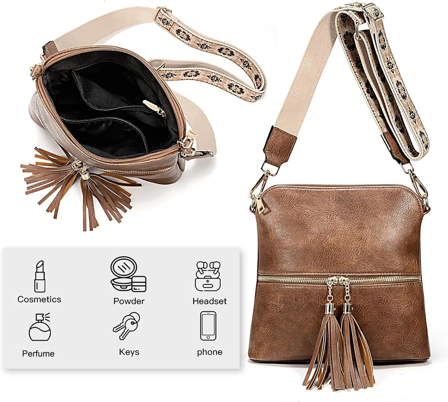 Uromee Crossbody Bags for Women Trendy Vegan Leather Multi Pocket Tassel Ladies Shoulder Handbag Purse Adjustable Strap