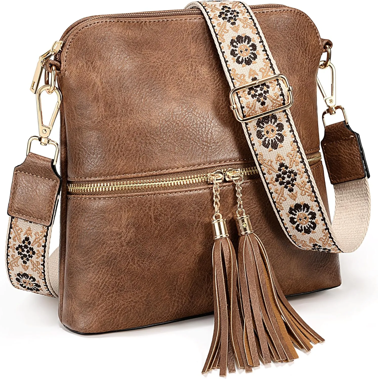 Uromee Crossbody Bags for Women Trendy Vegan Leather Multi Pocket Tassel Ladies Shoulder Handbag Purse Adjustable Strap