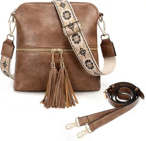 Uromee Crossbody Bags for Women Trendy Vegan Leather Multi Pocket Tassel Ladies Shoulder Handbag Purse Adjustable Strap