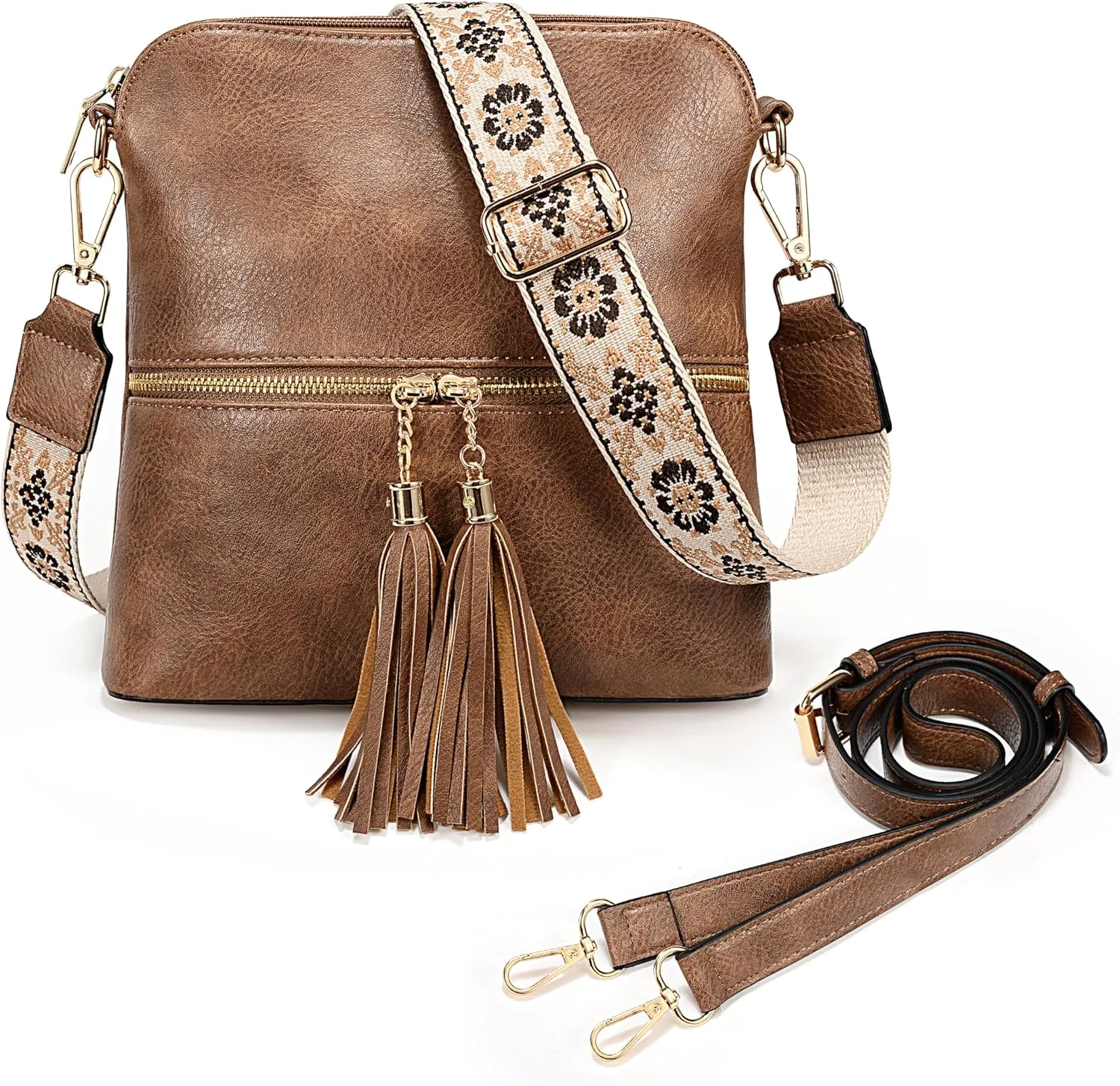 Uromee Crossbody Bags for Women Trendy Vegan Leather Multi Pocket Tassel Ladies Shoulder Handbag Purse Adjustable Strap