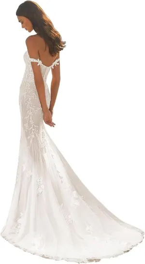 UZN Mermaid Off Shoulder Tulle Boho Wedding Dresses for Bride 2024 Long with Lace Appliques