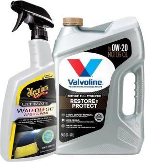 Valvoline Restore & Protect 0W-20 Motor Oil   Meguiar's Ultimate Waterless Wash & Wax Bundle for Maintaining Engine Performance with Full Synthetic Oil and Car Appearance with Waterless Car Cleaning