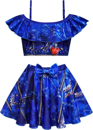 VARWANEO Descendants Bathing Suit for Girls, Cute Princess 2 Pieces Swimsuits Cartoon Printed Swimwear Bikini Sets Color-1, 7-8 Years