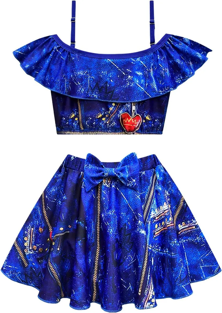 VARWANEO Descendants Bathing Suit for Girls, Cute Princess 2 Pieces Swimsuits Cartoon Printed Swimwear Bikini Sets Color-1, 7-8 Years