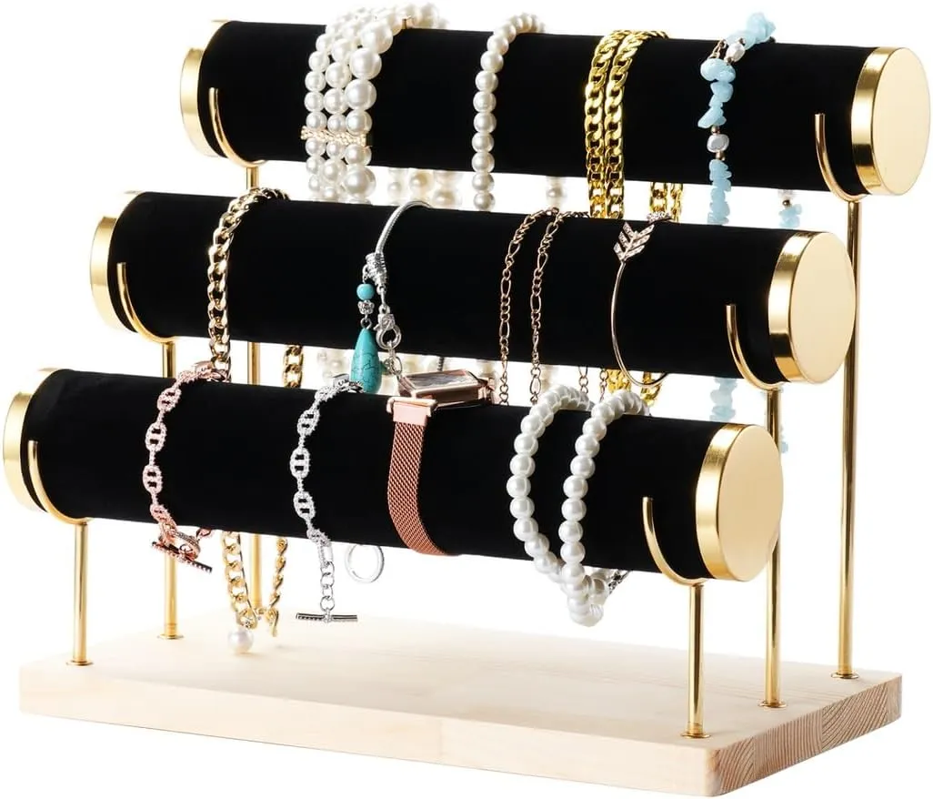 Velvet Gilt-Edging Jewelry Display Stand, 3-Tier Rack, Detachable Bracelet Holder, Storage Organizer With Wooden Tray For Bangles, Scrunchies, Wrist Watch, Necklaces
