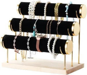 Velvet Gilt-Edging Jewelry Display Stand, 3-Tier Rack, Detachable Bracelet Holder, Storage Organizer With Wooden Tray For Bangles, Scrunchies, Wrist Watch, Necklaces