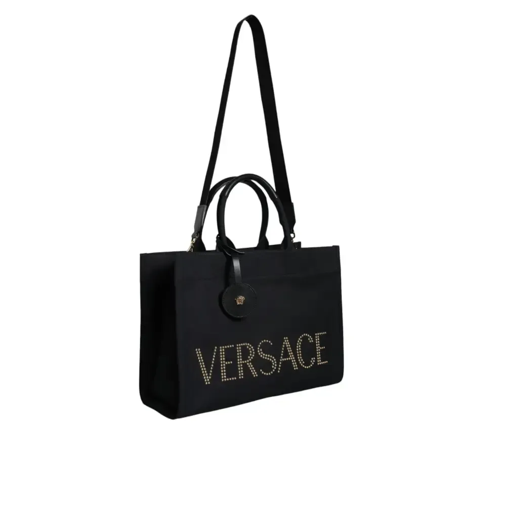 Versace Black Top Handle Canvas Leather Logo Crossbody Tote Bag