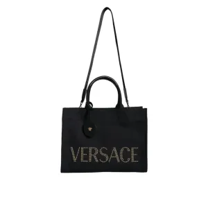 Versace Black Top Handle Canvas Leather Logo Crossbody Tote Bag