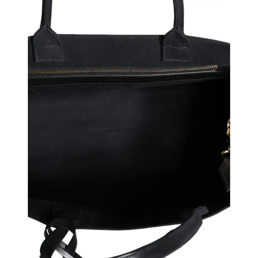 Versace Black Top Handle Canvas Leather Logo Crossbody Tote Bag
