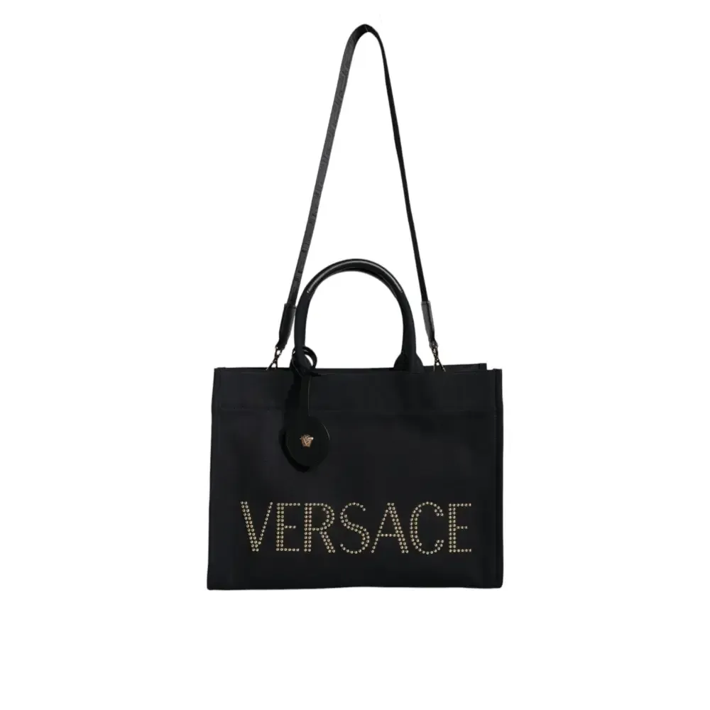 Versace Black Top Handle Canvas Leather Logo Crossbody Tote Bag