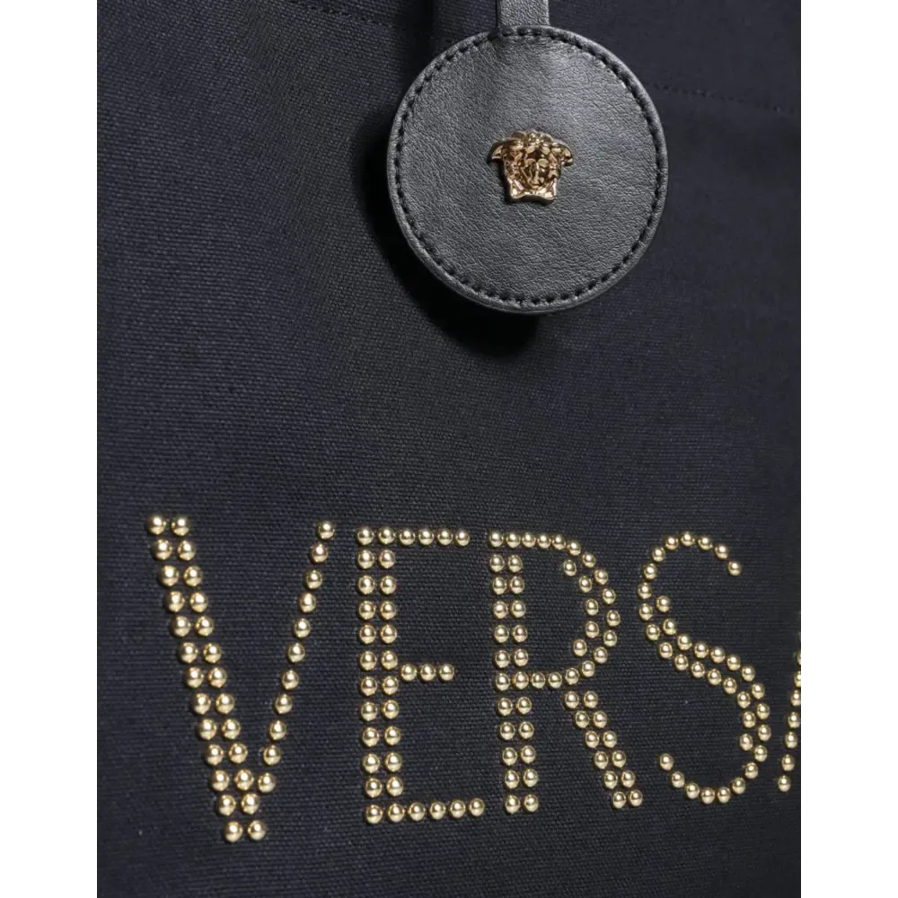 Versace Black Top Handle Canvas Leather Logo Crossbody Tote Bag