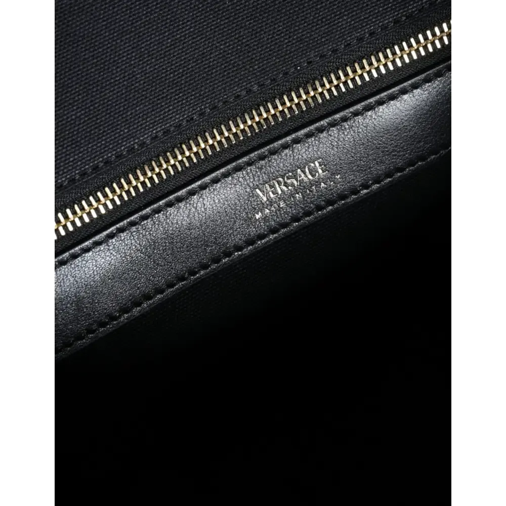 Versace Black Top Handle Canvas Leather Logo Crossbody Tote Bag