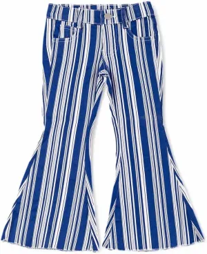Vertical Stripe on Blue Bootcut Denim Pants.