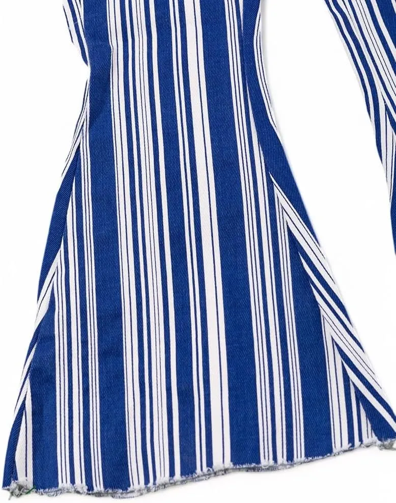Vertical Stripe on Blue Bootcut Denim Pants.