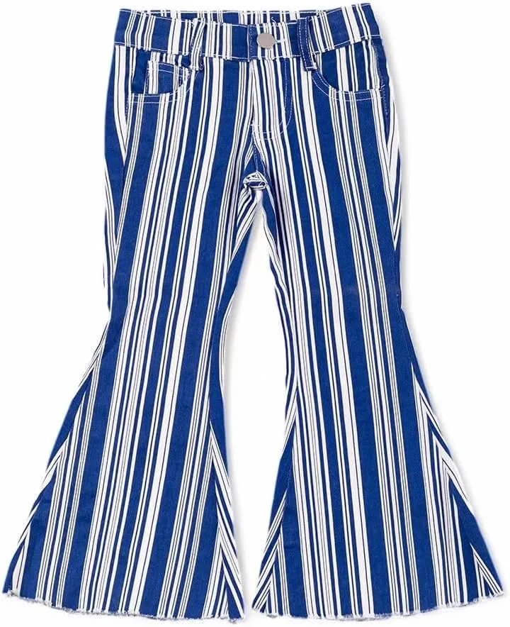 Vertical Stripe on Blue Bootcut Denim Pants.