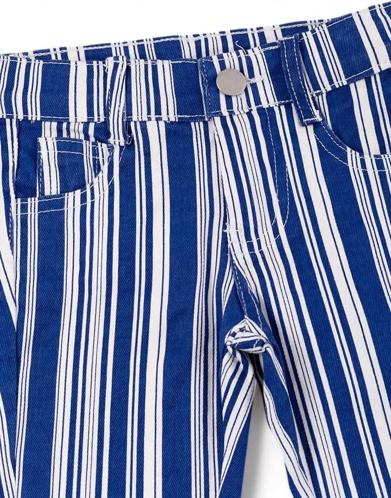 Vertical Stripe on Blue Bootcut Denim Pants.