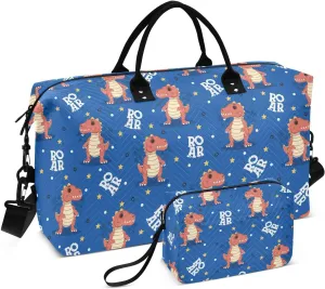 VIGTRO Travel Duffel Bag Weekender Overnight Bag with Toiletry Bag Cute Dinosaur Cartoon Roar Printed, Carry On Luggage Bag for Hospital Gym Travel Business, 2 Pcs Set