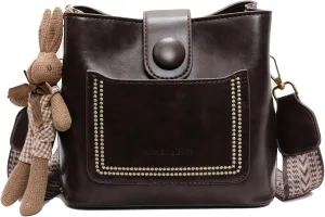 Vintage Crossbody Bag for Women, Leather Bucket Bag Small Shoulder Bag with Strap Trendy Handbag with Rabbit Pendant