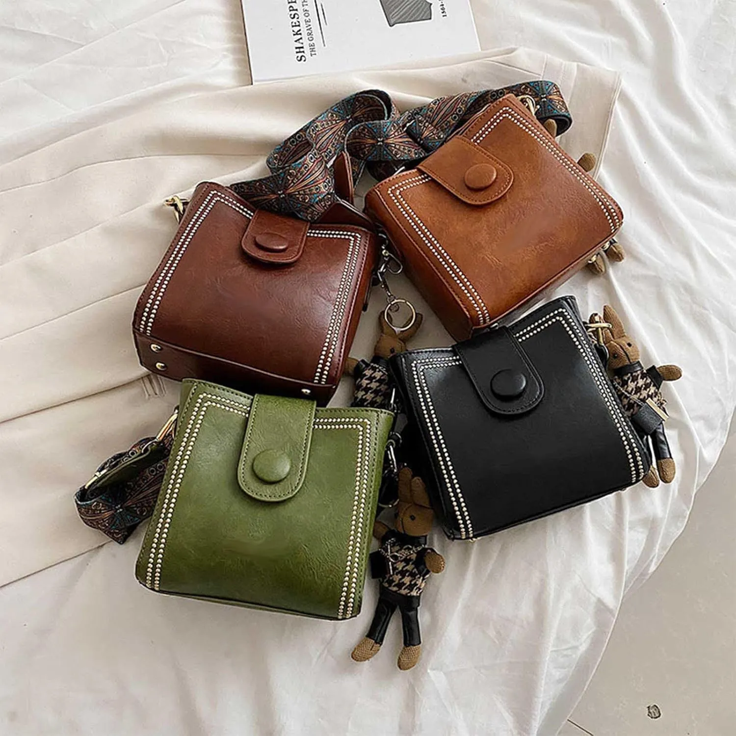 Vintage Fashion Bag with Adjustable Wider Shoulder Strap, Vintage Retro Small Water Bucket Bag