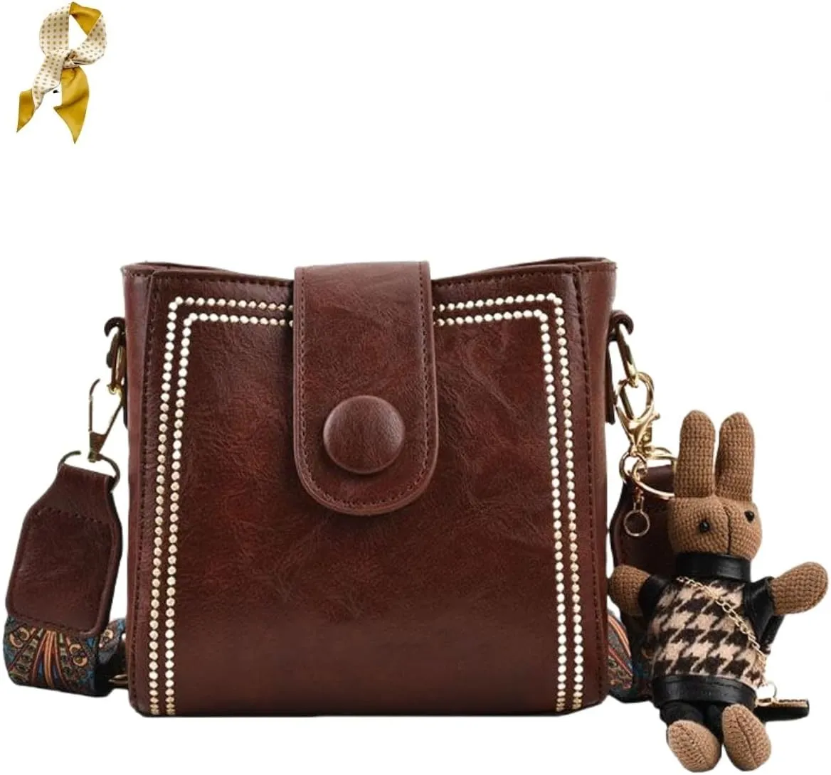 Vintage Fashion Bag With Adjustable Wider Shoulder Strap,Retro Small Water Bucket Bag,Leather Large Crossbody Purse for Women