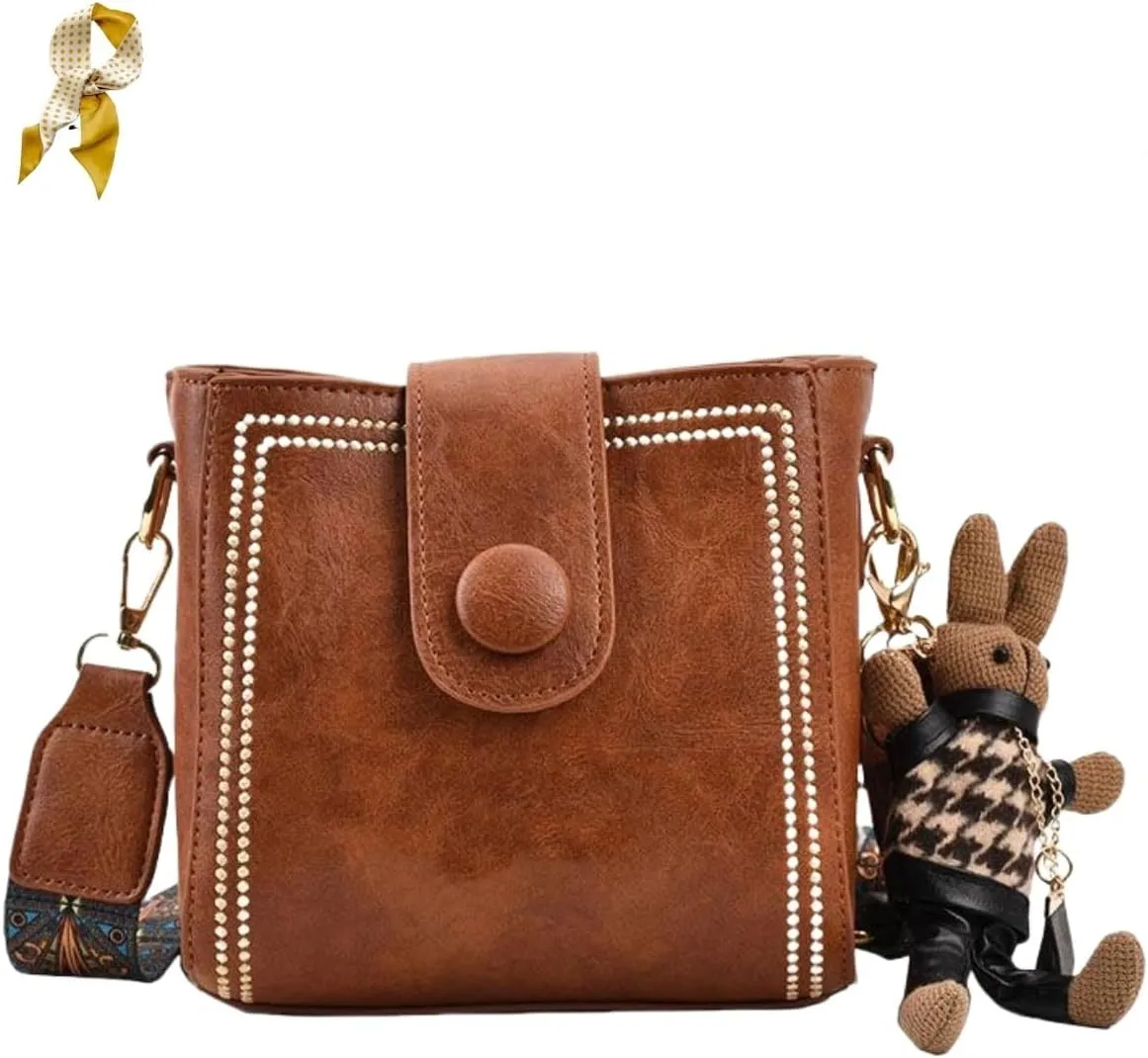 Vintage Fashion Bag With Adjustable Wider Shoulder Strap,Retro Small Water Bucket Bag,Leather Large Crossbody Purse for Women
