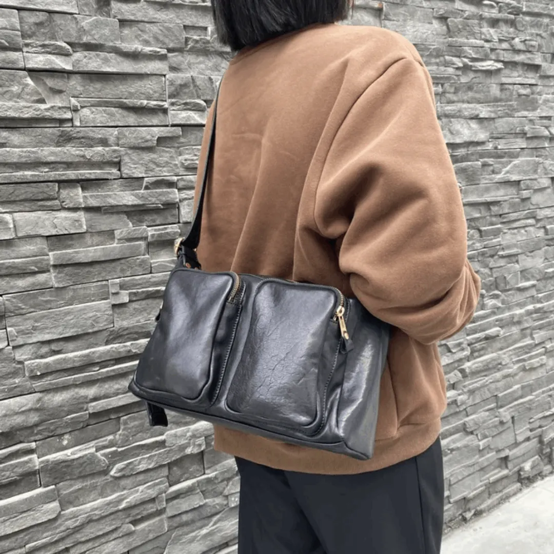 Vintage Italian Cowhide Leather Tote – Multi-Pocket Designer Crossbody Bag for Women