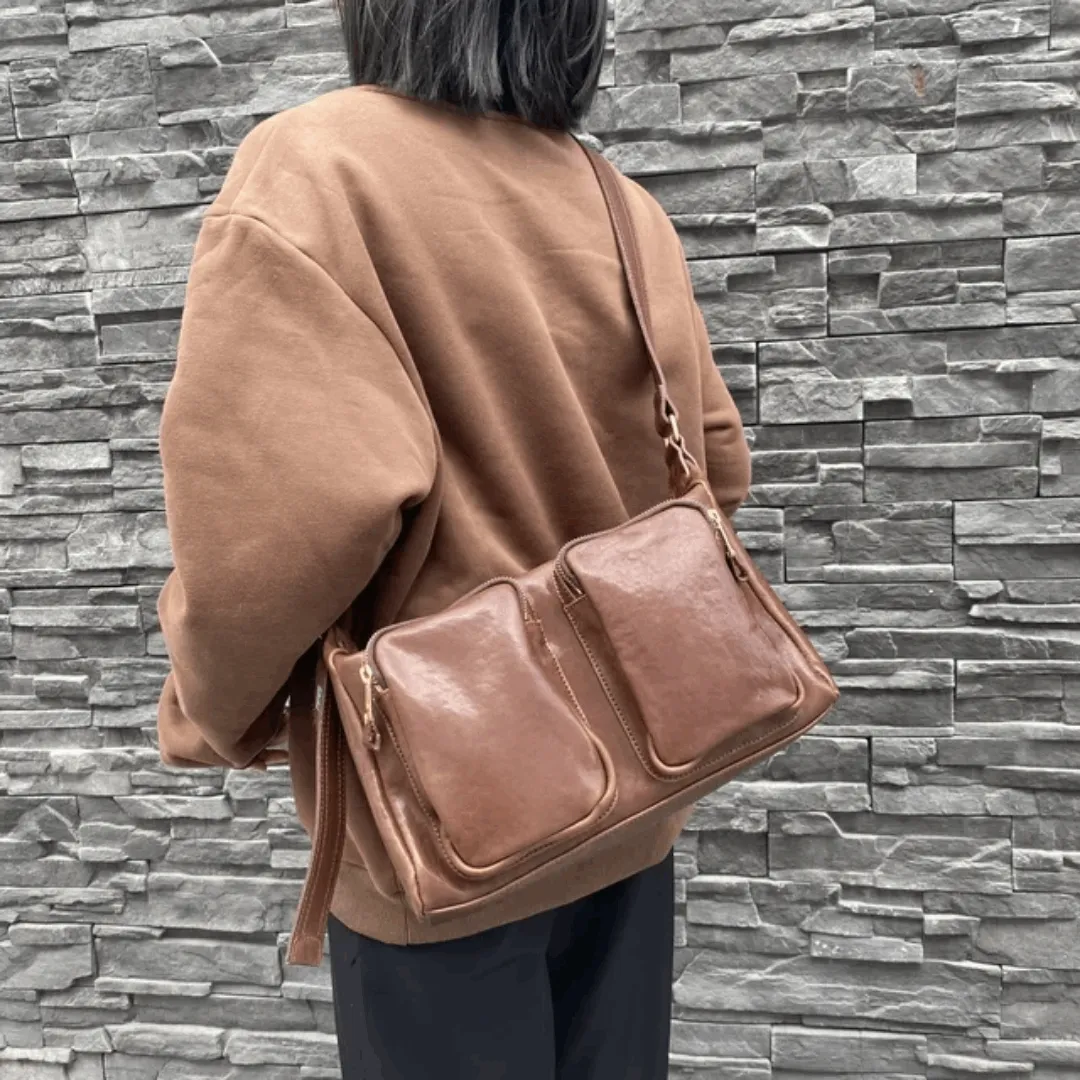 Vintage Italian Cowhide Leather Tote – Multi-Pocket Designer Crossbody Bag for Women