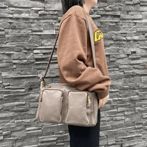 Vintage Italian Cowhide Leather Tote – Multi-Pocket Designer Crossbody Bag for Women