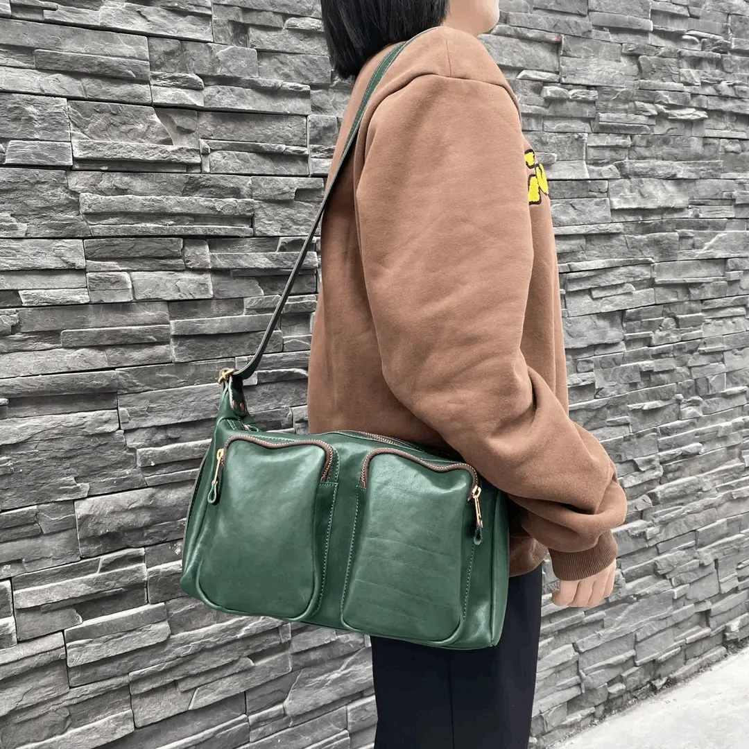 Vintage Italian Cowhide Leather Tote – Multi-Pocket Designer Crossbody Bag for Women