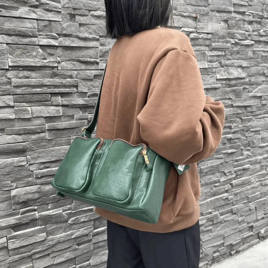 Vintage Italian Cowhide Leather Tote – Multi-Pocket Designer Crossbody Bag for Women