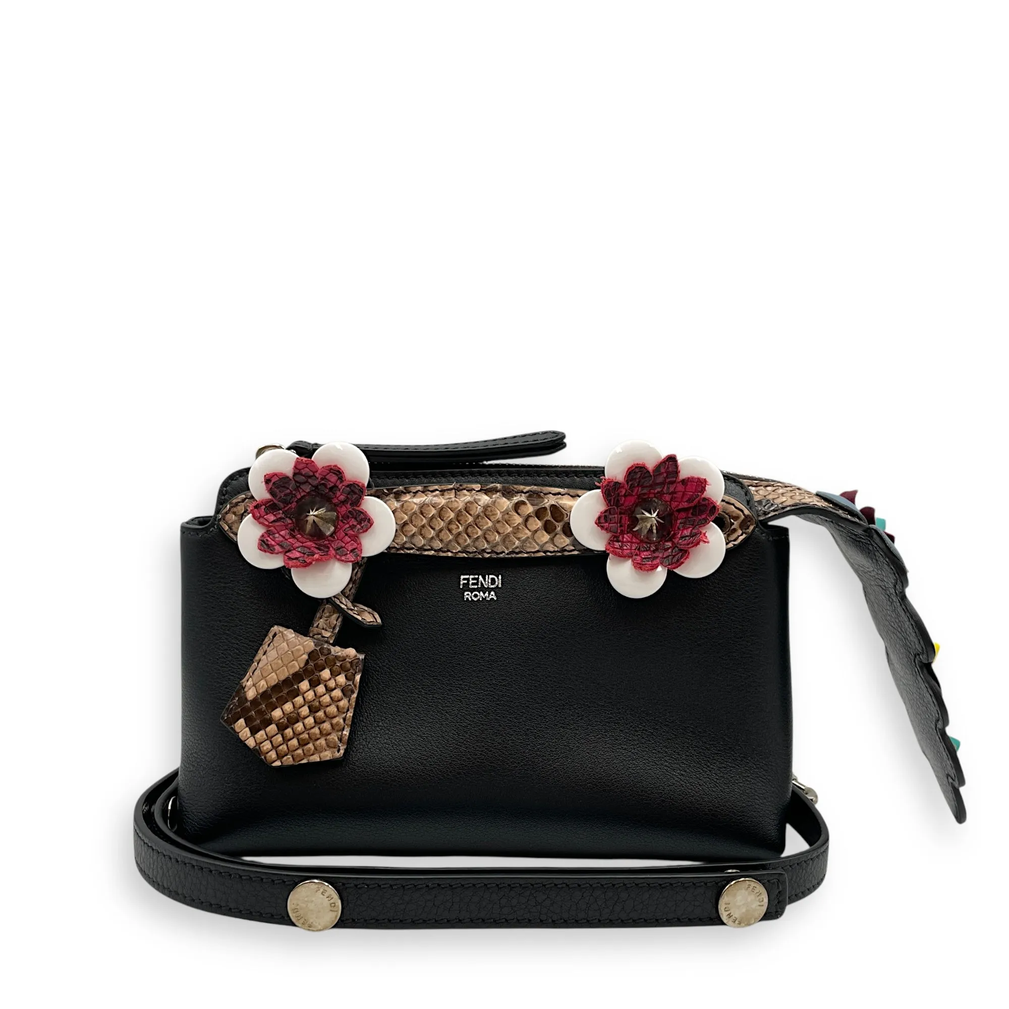 Vitello Dolce Croc Tail Flowerland Studded by the way Boston bag Mini Black Crossbody Bag in Snakeskin Nappa, Silver hardware