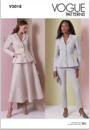 Vogue Misses' Fitted Lined Peplum Jacket, Skirt and Tapered Pants Sewing Pattern Packet, Design Code V2018, Sizes 12-14-16-18-20, Multicolor
