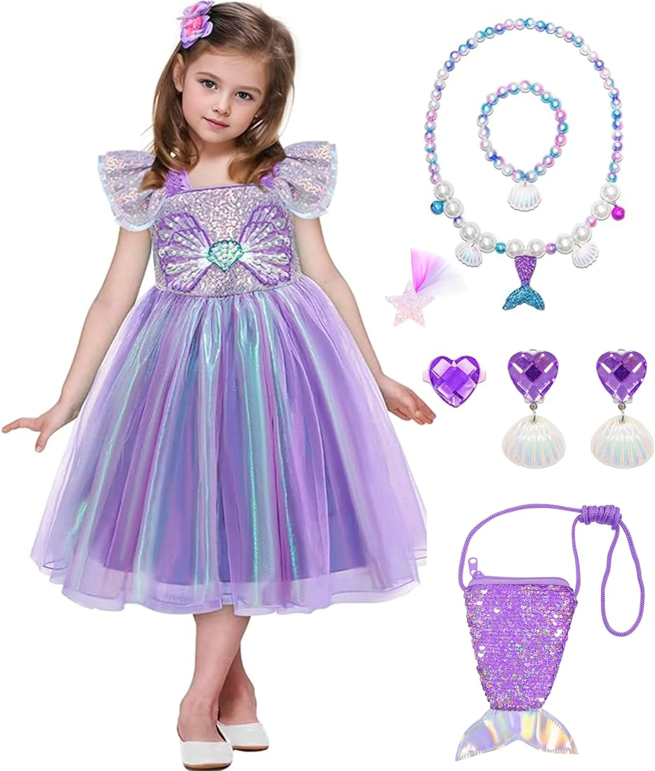 VORLITS Little Girls Mermaid Costume Dress for Girls Princess Costume Dressed Up Party with Accessories