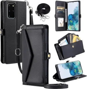 Wallet Case for Samsung Galaxy S20 Plus S20  5G with Wrist Strap Card Holder Shockproof Soft PU Leather Magnetic Snap Pocket Stand Phone Cover S20 5G S20plus 20S   S2O S 20 20  G5 Women Black
