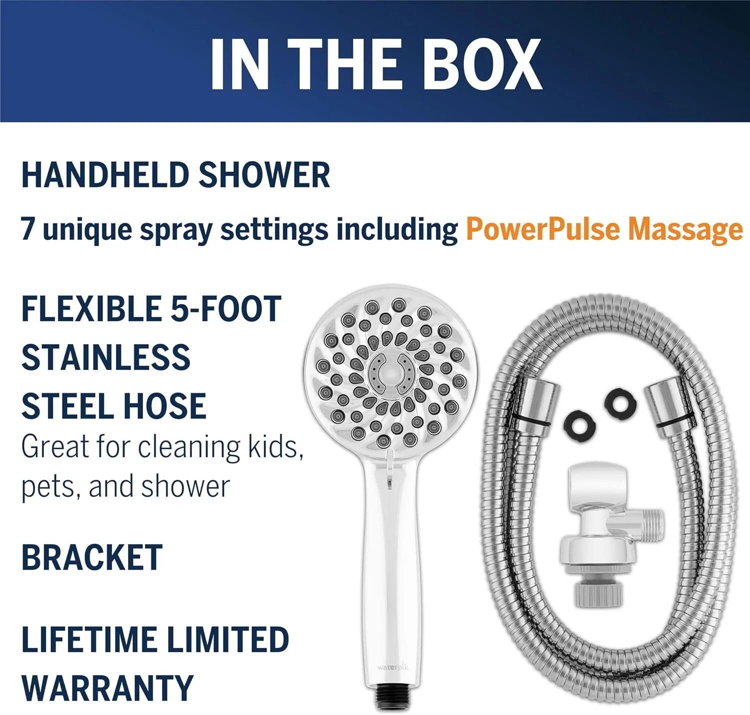Waterpik High Pressure Hand Held Shower Head With Hose, PowerPulse Massage 7-Mode, Chrome XPB-763ME & HOS-960M Ultra-Flexible Replacement Metal Shower Hose, Extra Long for Handheld Shower Heads