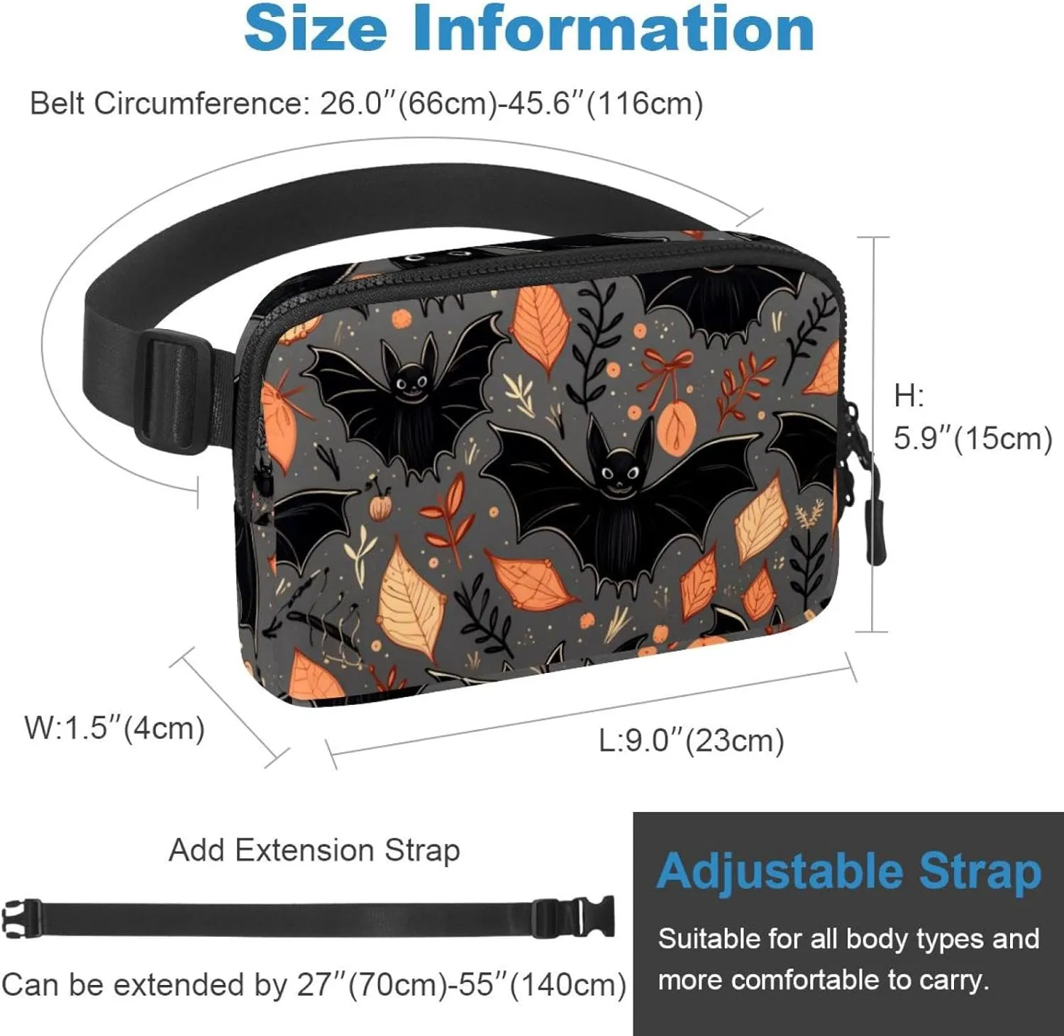 Waterproof Fanny Pack Black Belt Bag with Adjustable Strap for Women and Men,Black Halloween Bats Pattern Crossbody Fanny Bag with Zipper for Hiking Running Travel