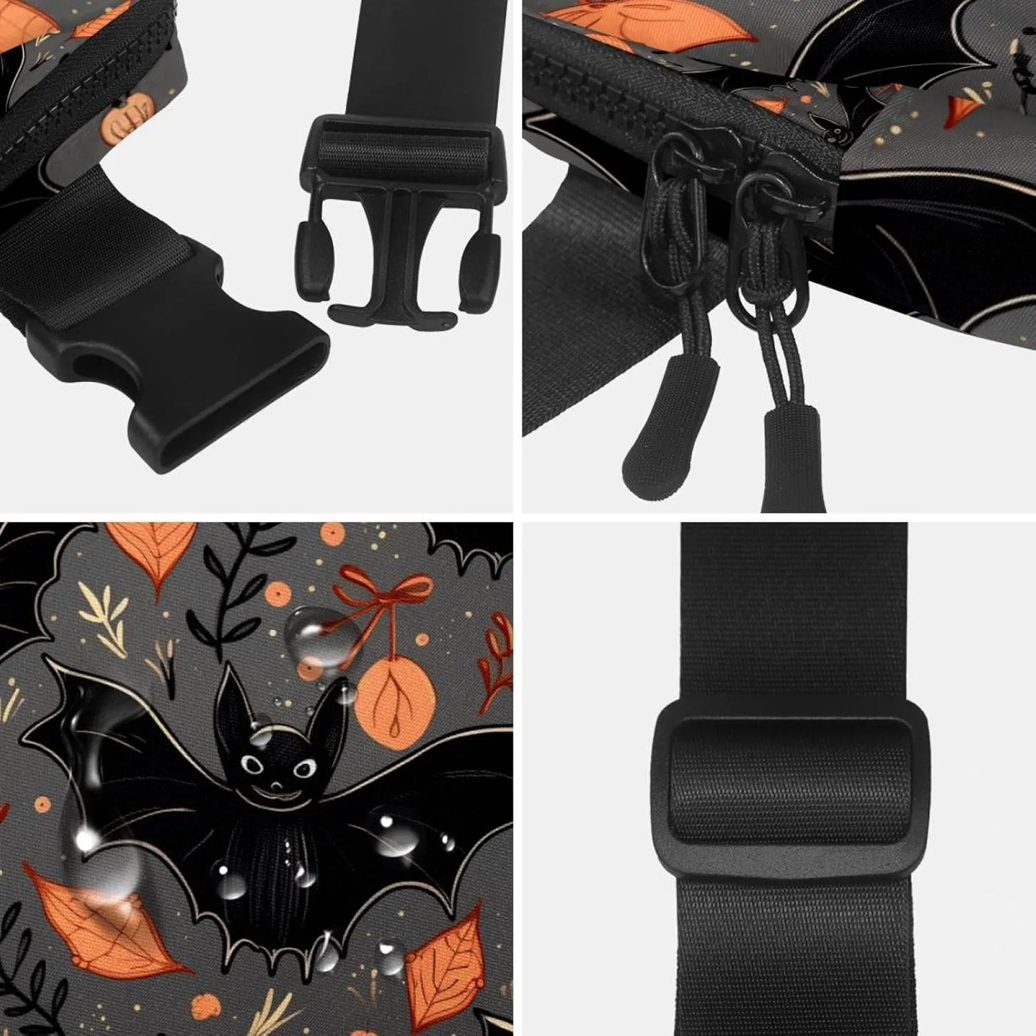Waterproof Fanny Pack Black Belt Bag with Adjustable Strap for Women and Men,Black Halloween Bats Pattern Crossbody Fanny Bag with Zipper for Hiking Running Travel