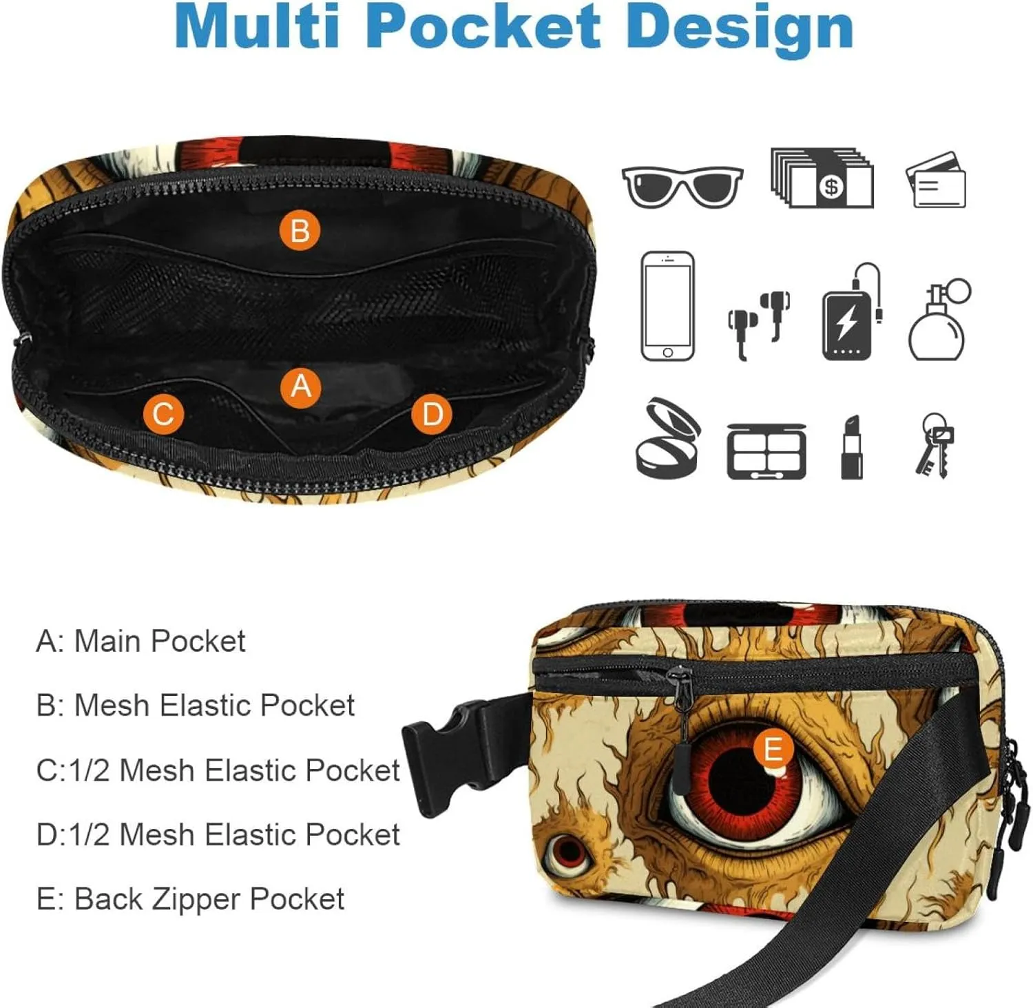 Waterproof Fanny Pack Black Belt Bag with Adjustable Strap for Women and Men,Halloween Horror Eyeballs a Crossbody Fanny Bag with Zipper for Hiking Running Travel