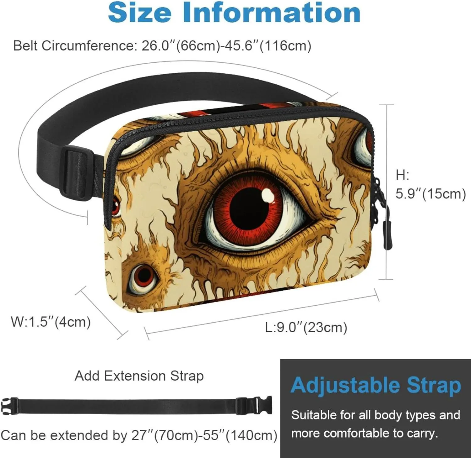 Waterproof Fanny Pack Black Belt Bag with Adjustable Strap for Women and Men,Halloween Horror Eyeballs a Crossbody Fanny Bag with Zipper for Hiking Running Travel